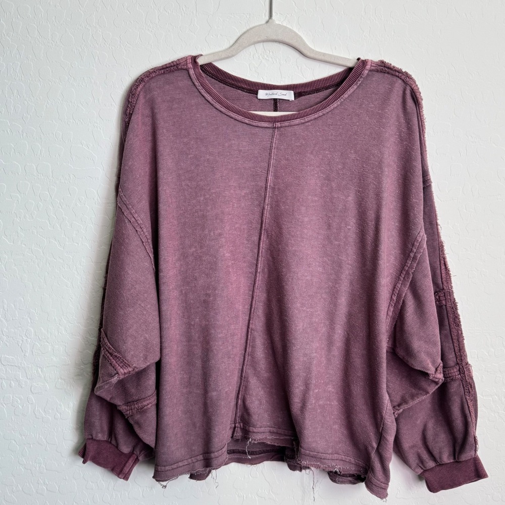 Mustard Seed Womens Oversized Raw Seam Top Faded Plum Purple Size L Boho Lounge